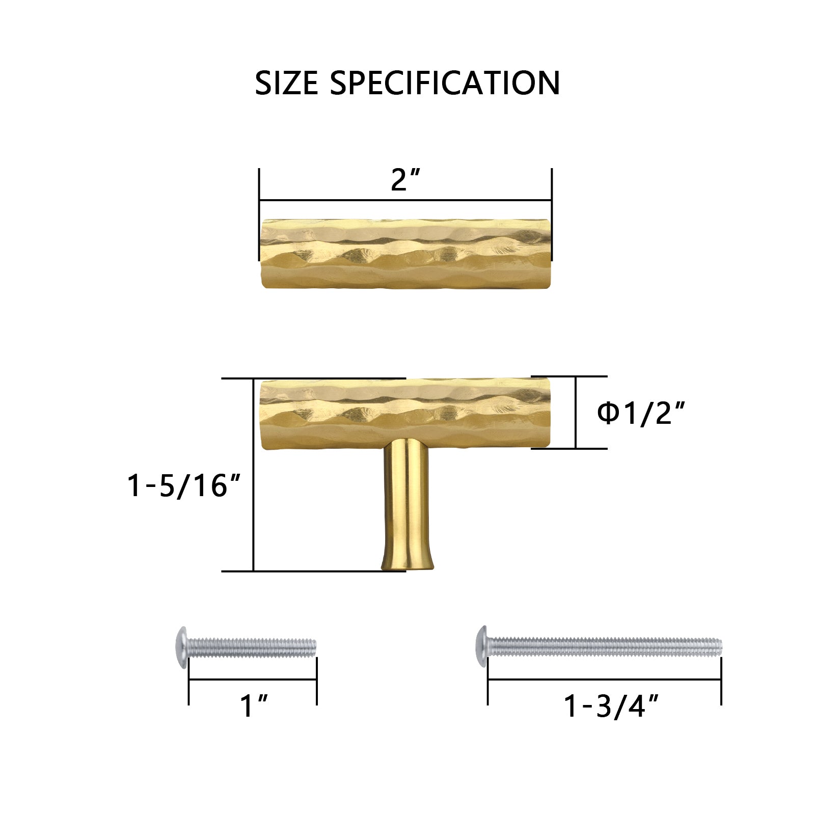 Akicon Hammered Polished Gold Kitchen T Bar Cabinet Pulls 100% Solid Brass Drawer Knob — AK01917A-PB-10PACKS