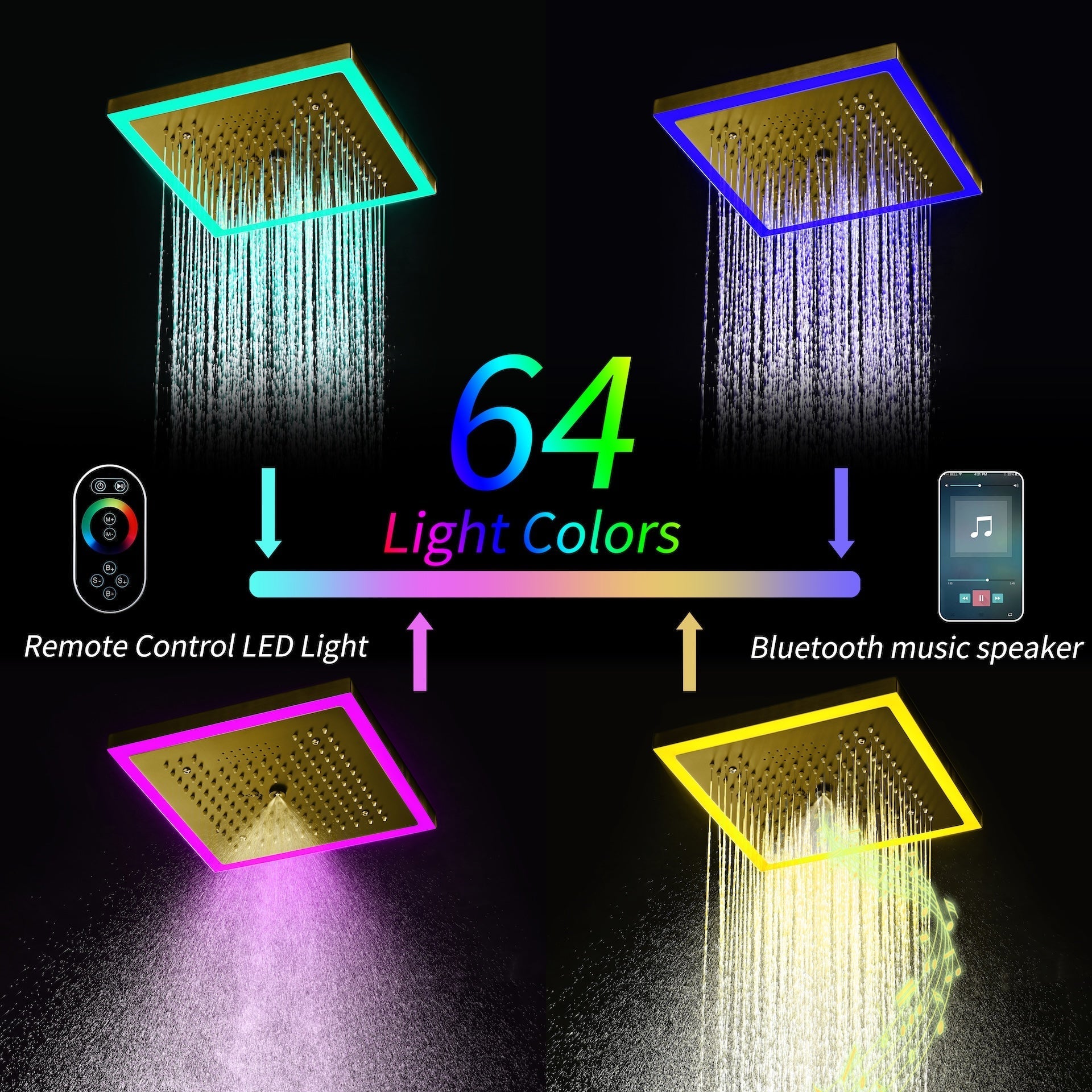 12-Inch Brushed Gold Flush Mount Shower Faucet Set: 3-Way Thermostatic Control, 64-Color LED Lights, Bluetooth Music, and Regular Head