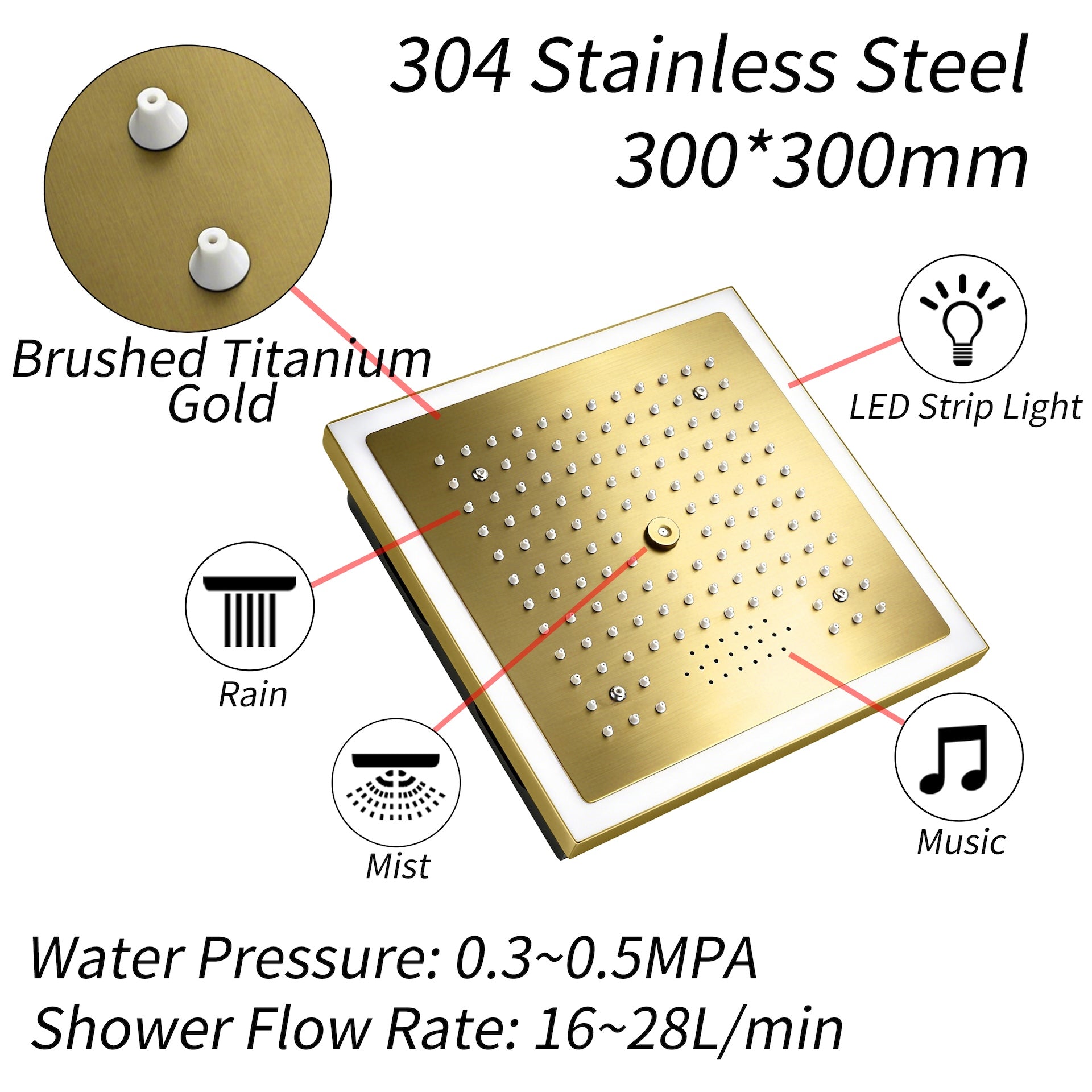 12-Inch Brushed Gold Flush Mount Shower Faucet Set: 4-Way Thermostatic Control, 64-Color LED Lights, Bluetooth Music, and Regular Head