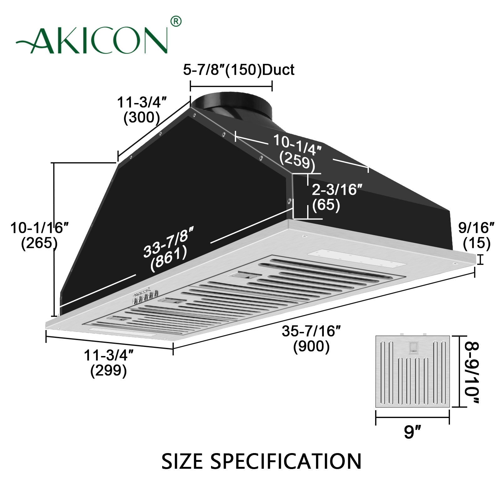 36" Range Hood Insert, 600 CFM Built-in Stainless Steel Kitchen Hood with LED Lights