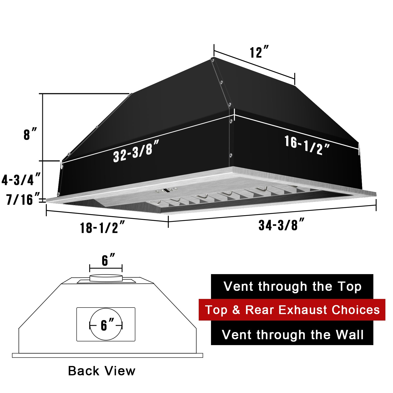 36" Range Hood Insert, Stainless Steel Kitchen Vent Hood with Dimmable LED Lights, 600CFM