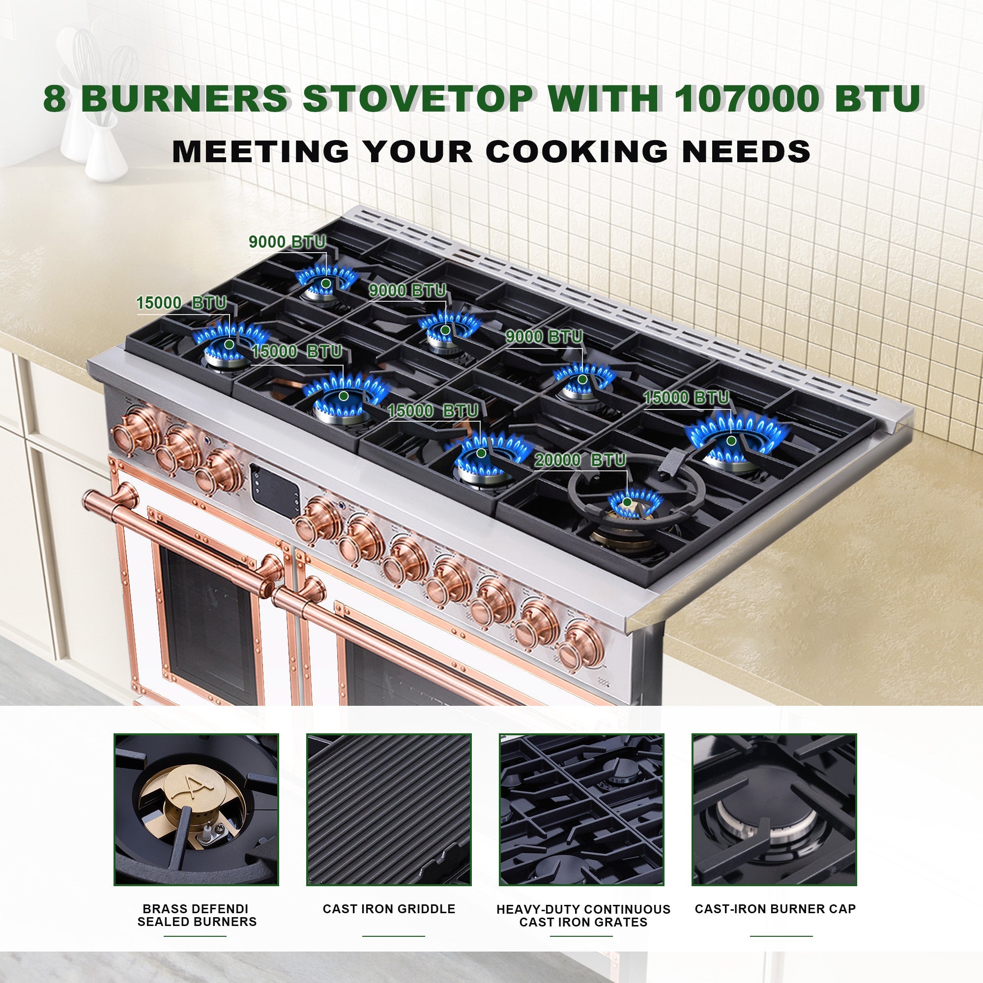 48" Freestanding Custom Gas Range with 8 Sealed Burners Cooktop, Rapid Convection Oven, Natural Gas/LP Convertible